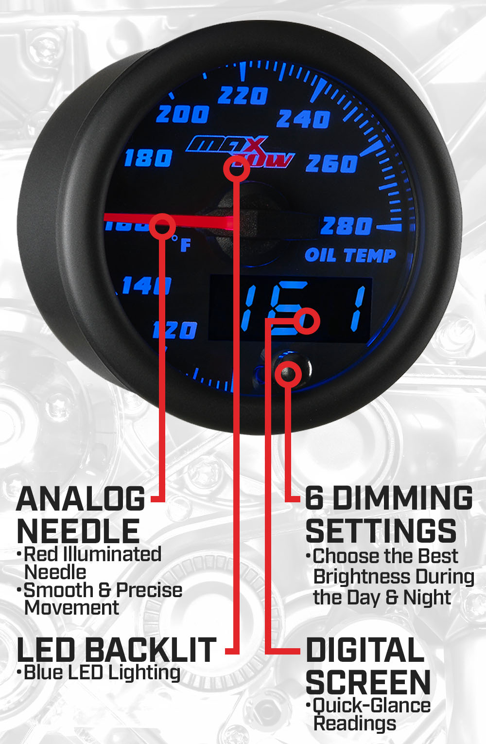 GlowShift MaxTow Black  Blue Double Vision™ Oil Temp Gauge For Trucks