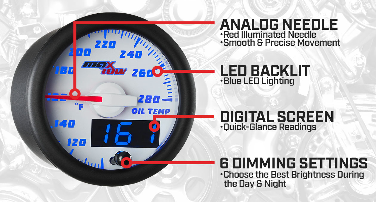 GlowShift MaxTow White  Blue Double Vision™ Oil Temp Gauge For Trucks