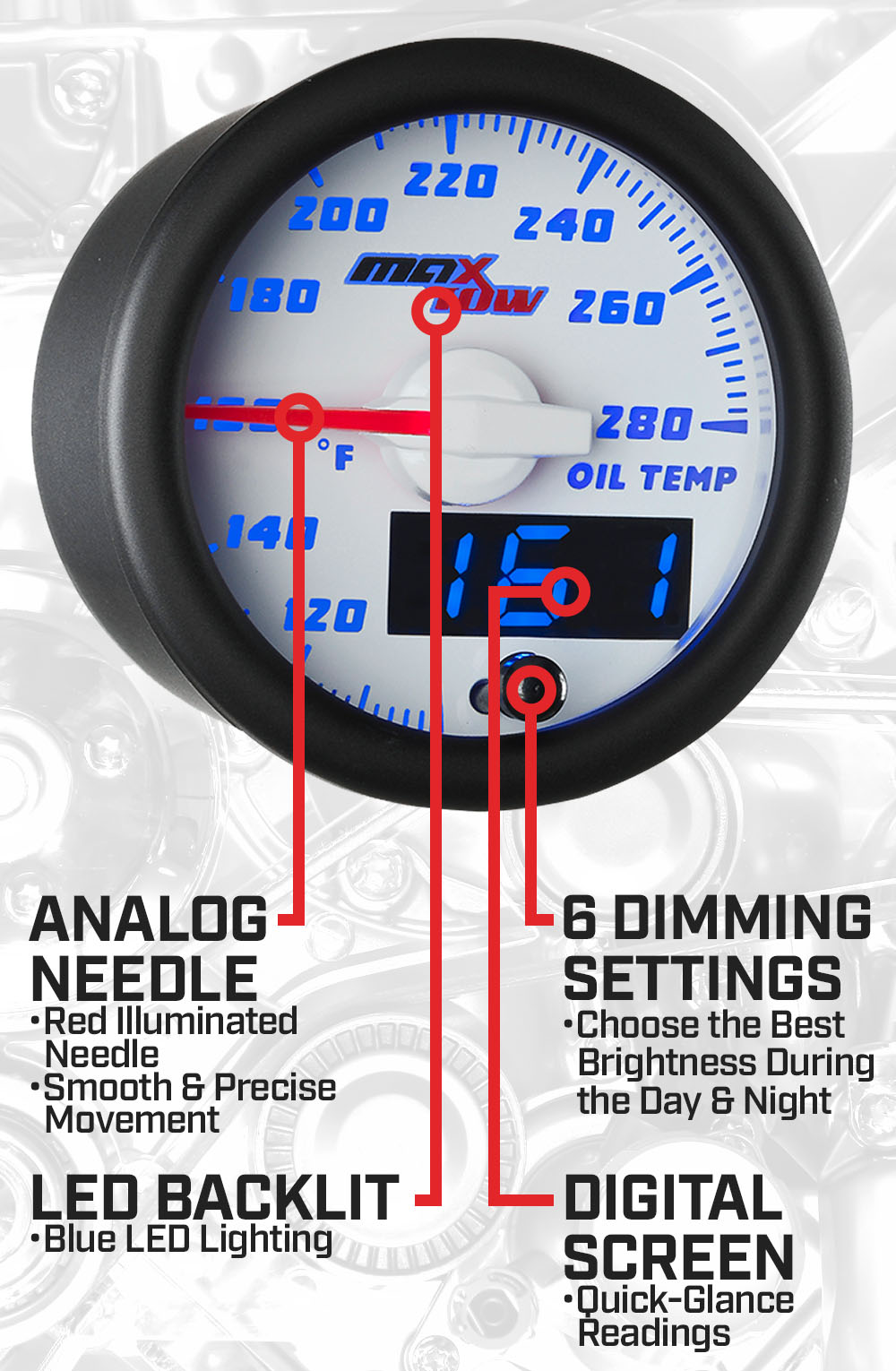 GlowShift MaxTow White  Blue Double Vision™ Oil Temp Gauge For Trucks