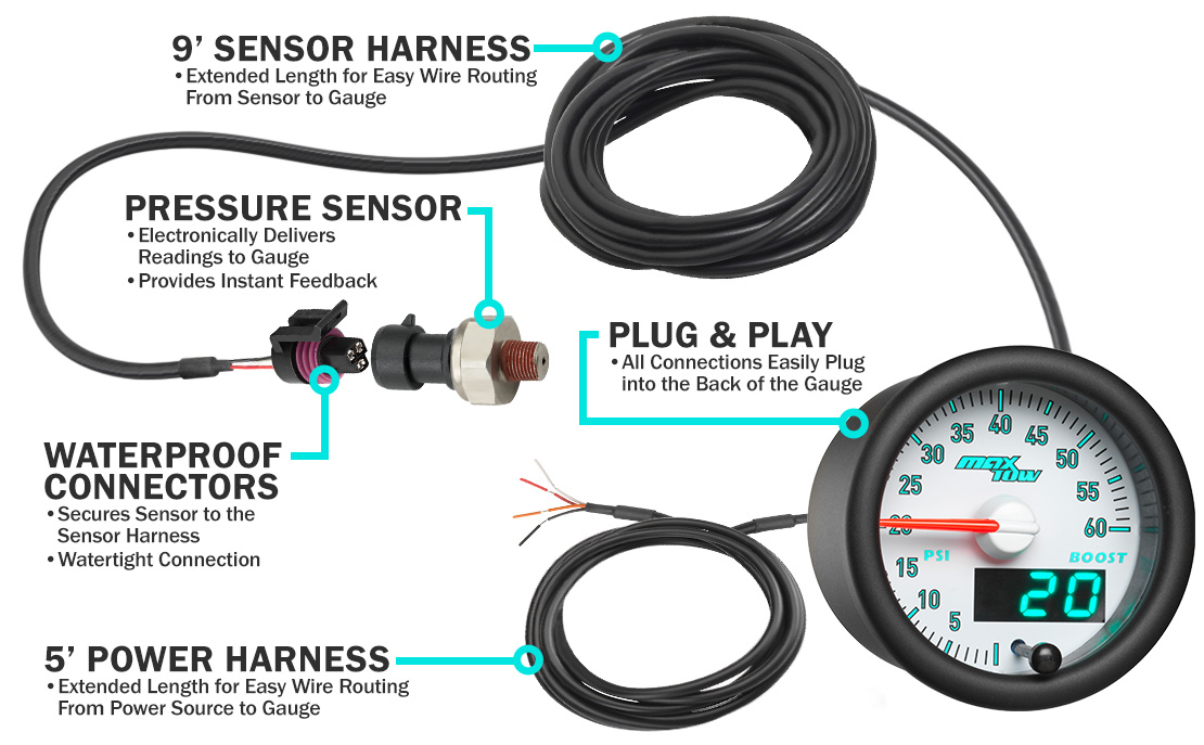 MaxTow Match 3rd Gen Cummins Diesel Boost Gauge Parts and Wiring