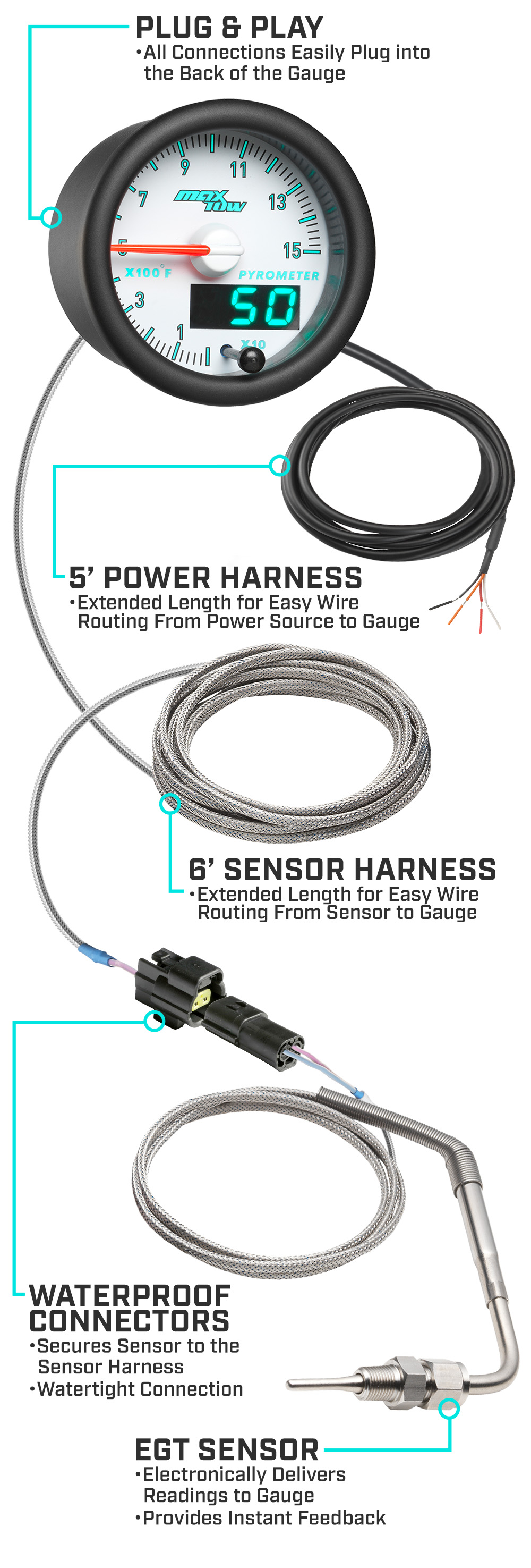 MaxTow Match 3rd Gen Cummins 1500F Exhaust Gas Temp Gauge Parts and Wiring