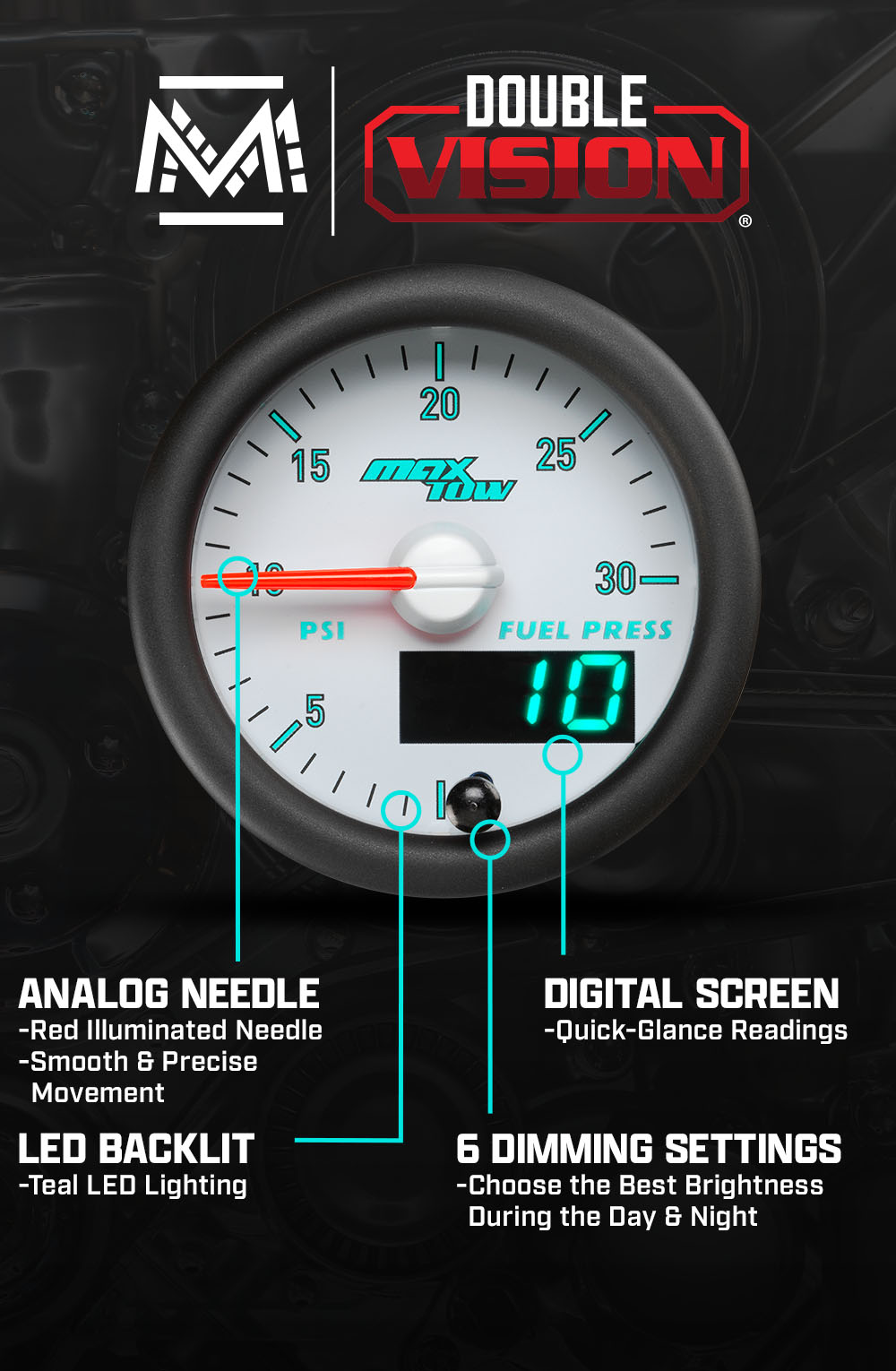 MaxTow Match 3rd Gen Cummins 30 PSI Fuel Pressure Gauge