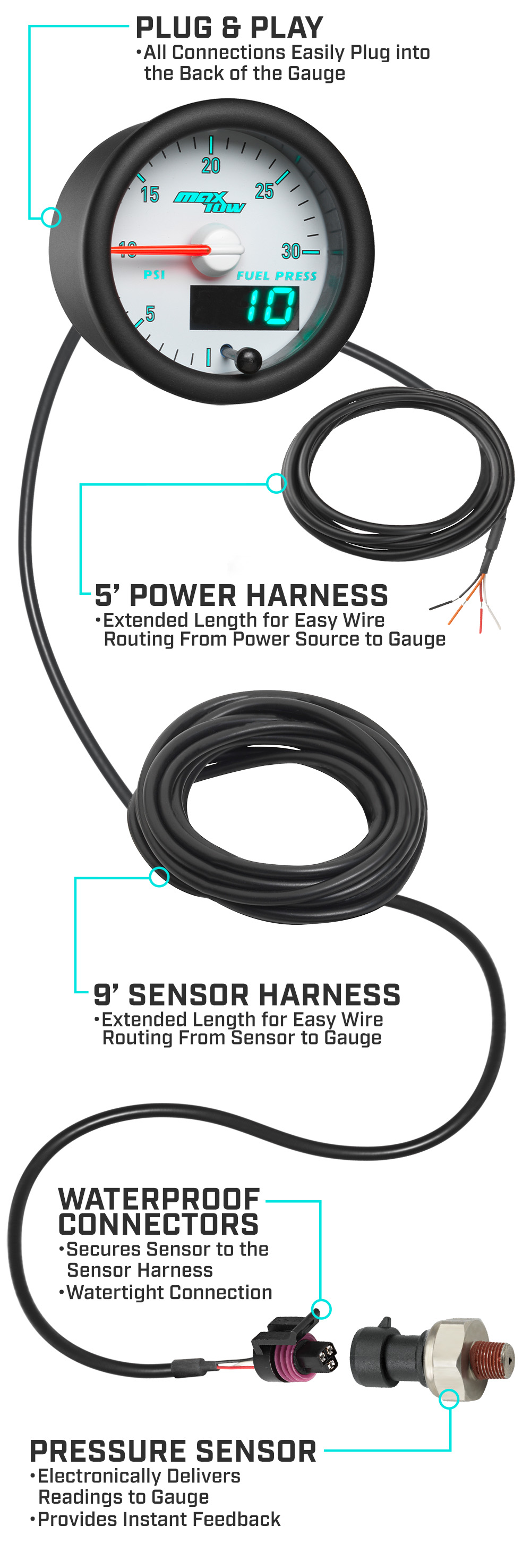 MaxTow Match 3rd Gen Cummins Diesel 30 PSI Fuel Pressure Gauge Parts and Wiring