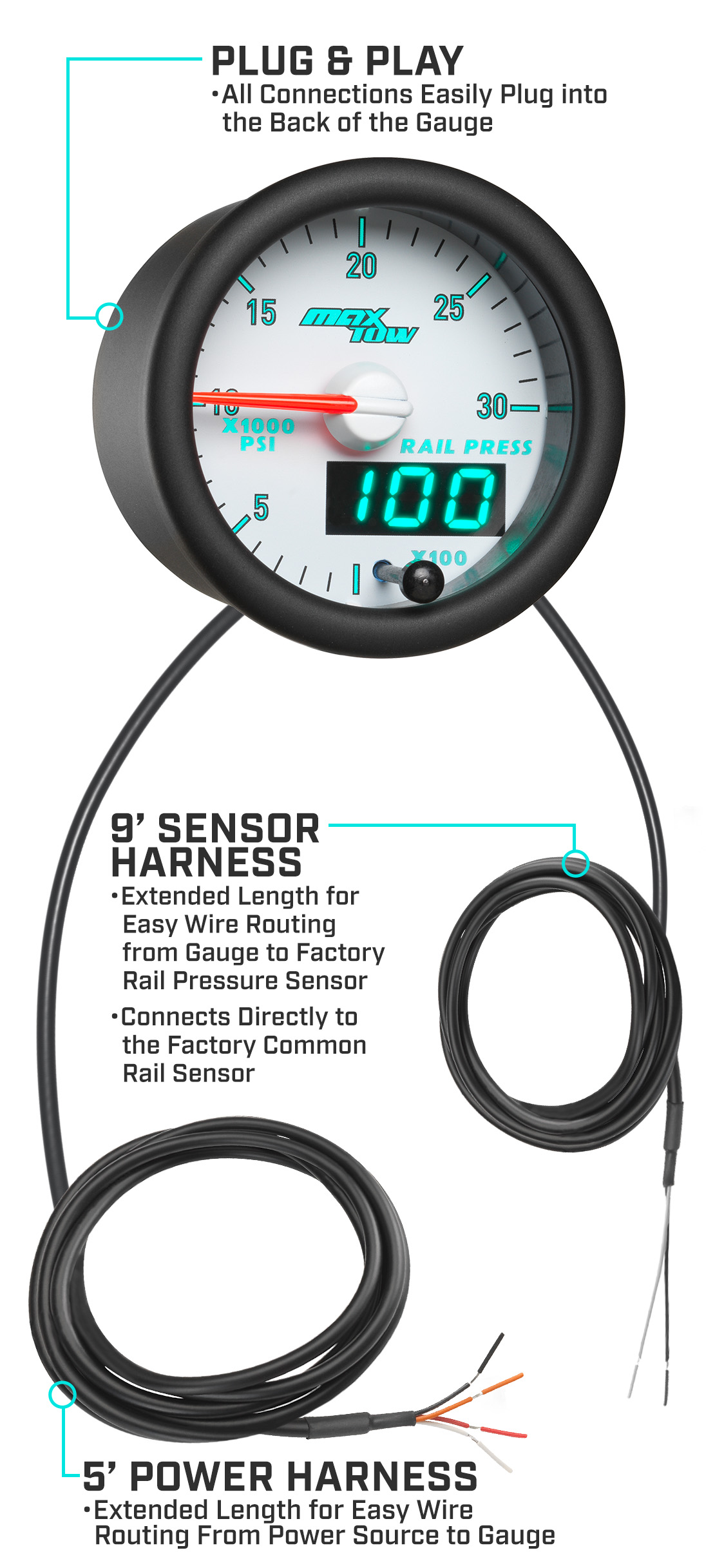 MaxTow Match 3rd Gen Cummins Diesel Fuel Rail Pressure Gauge Parts and Wiring