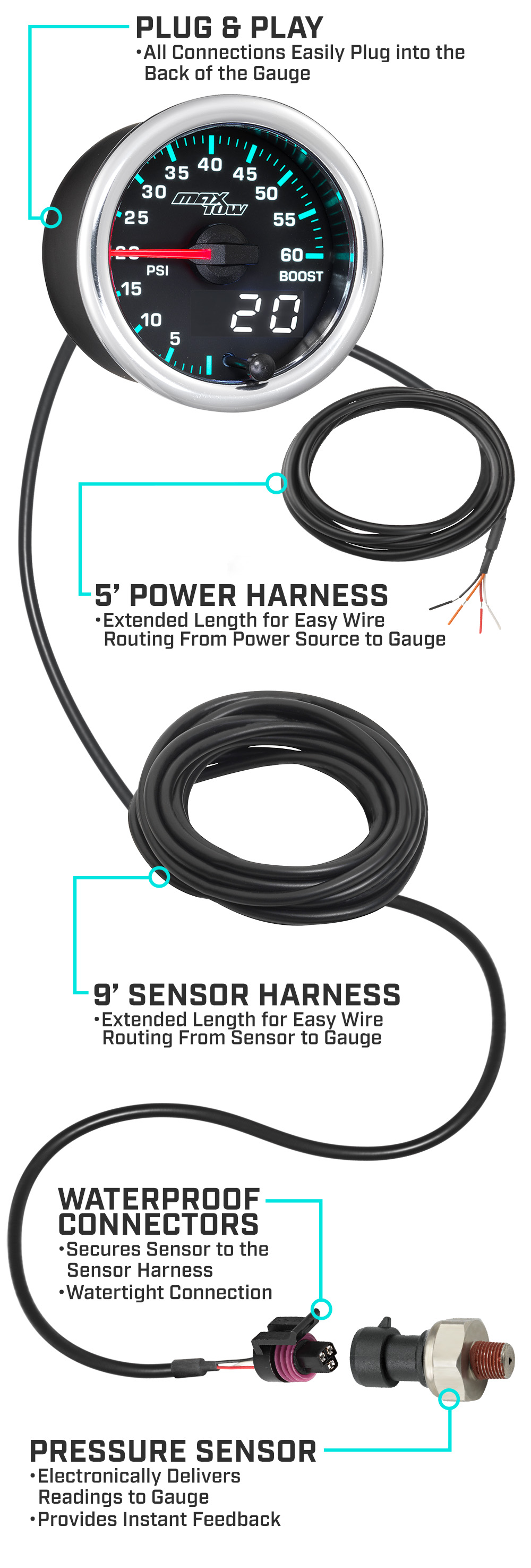 MaxTow Match 2014-2020 6.6 Duramax Diesel Boost Gauge Parts and Wiring