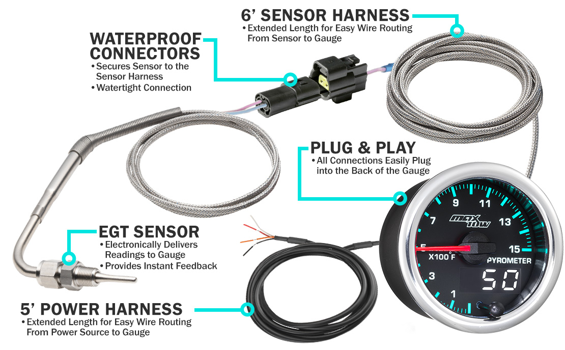 MaxTow Match 2014-2020 6.6 Duramax 1500F Exhaust Gas Temp Gauge Parts and Wiring