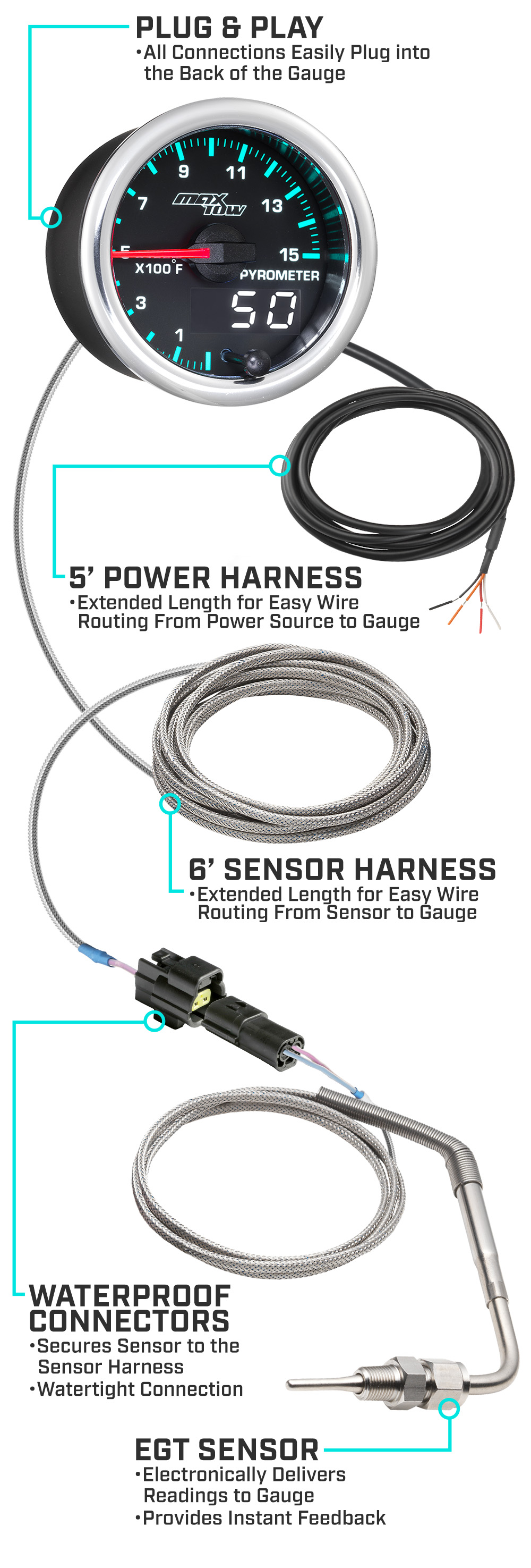 MaxTow Match 2014-2020 6.6 Duramax 1500F Exhaust Gas Temp Gauge Parts and Wiring