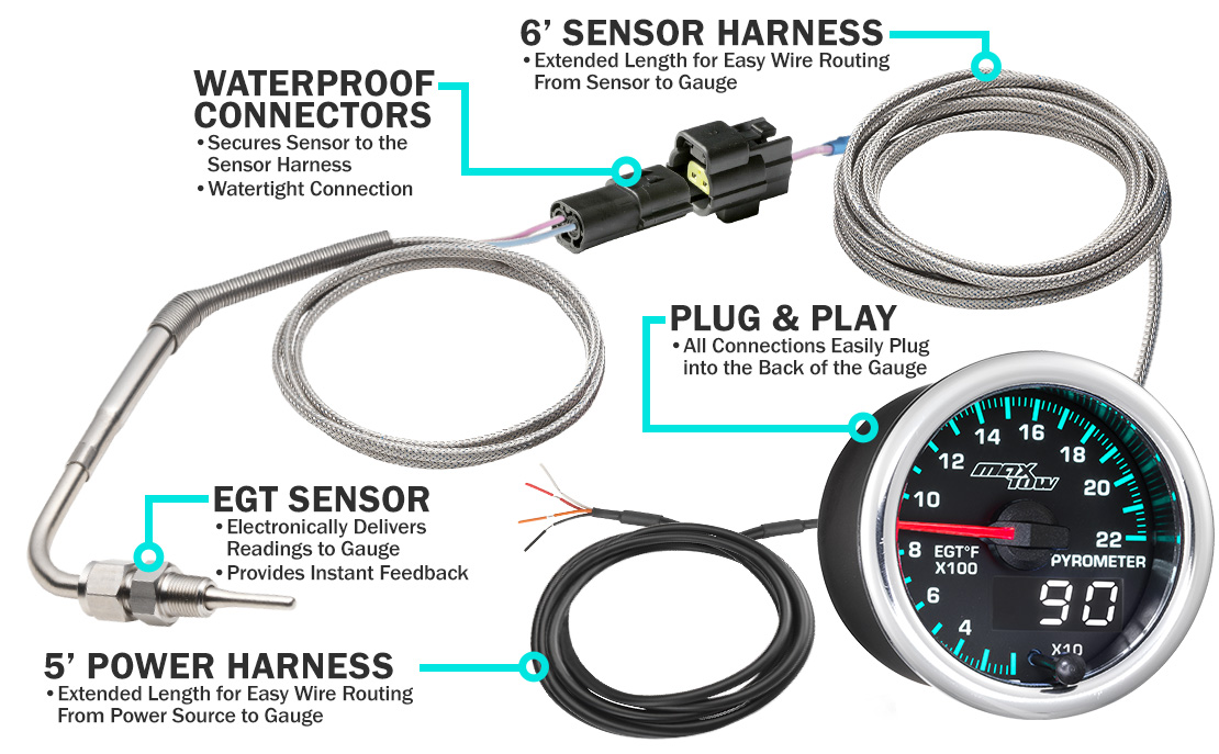 MaxTow Match 2014-2020 6.6 Duramax 2200 EGT Gauge Parts and Wiring