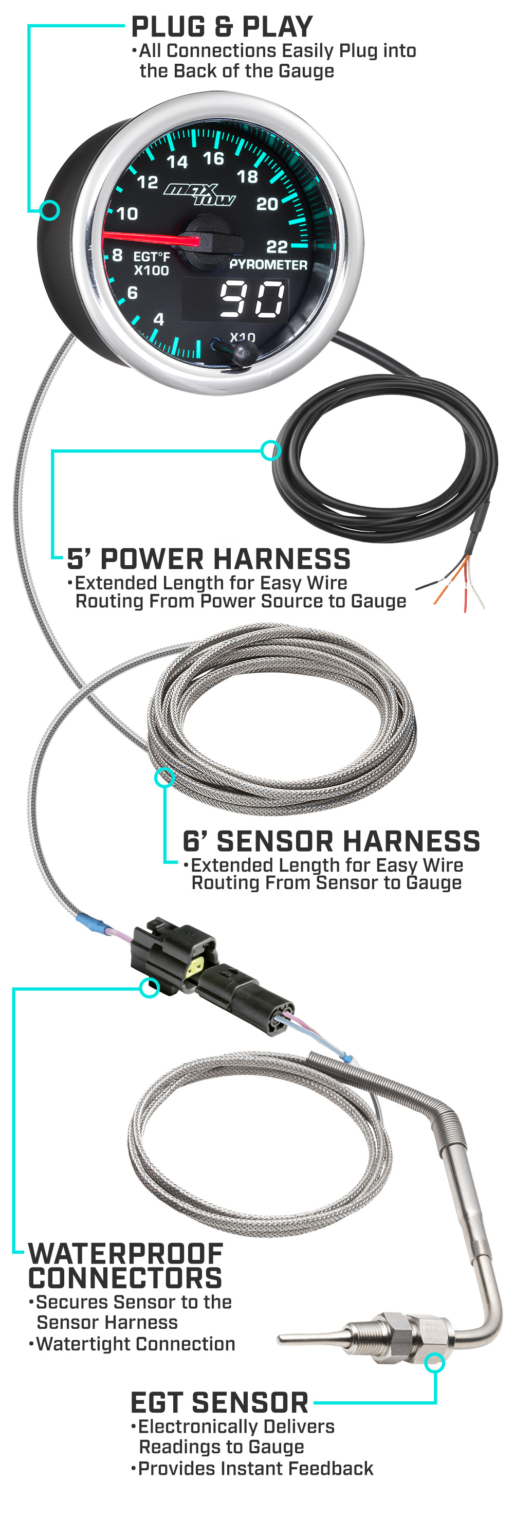 MaxTow Match 2014-2020 6.6 Duramax 2200 EGT Gauge Parts and Wiring