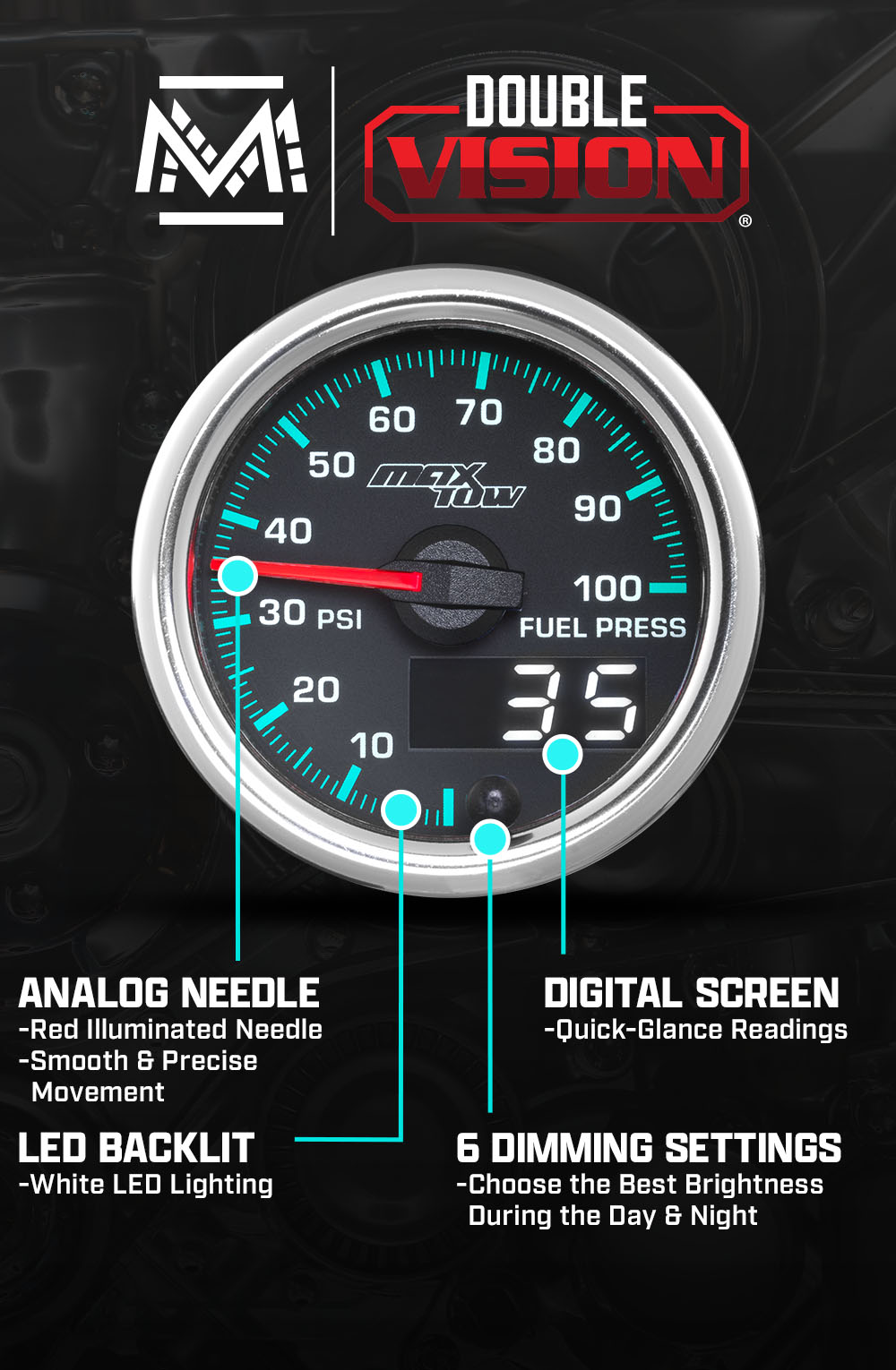 MaxTow Match 2014-2020 6.6 Duramax 100 PSI Fuel Pressure Gauge