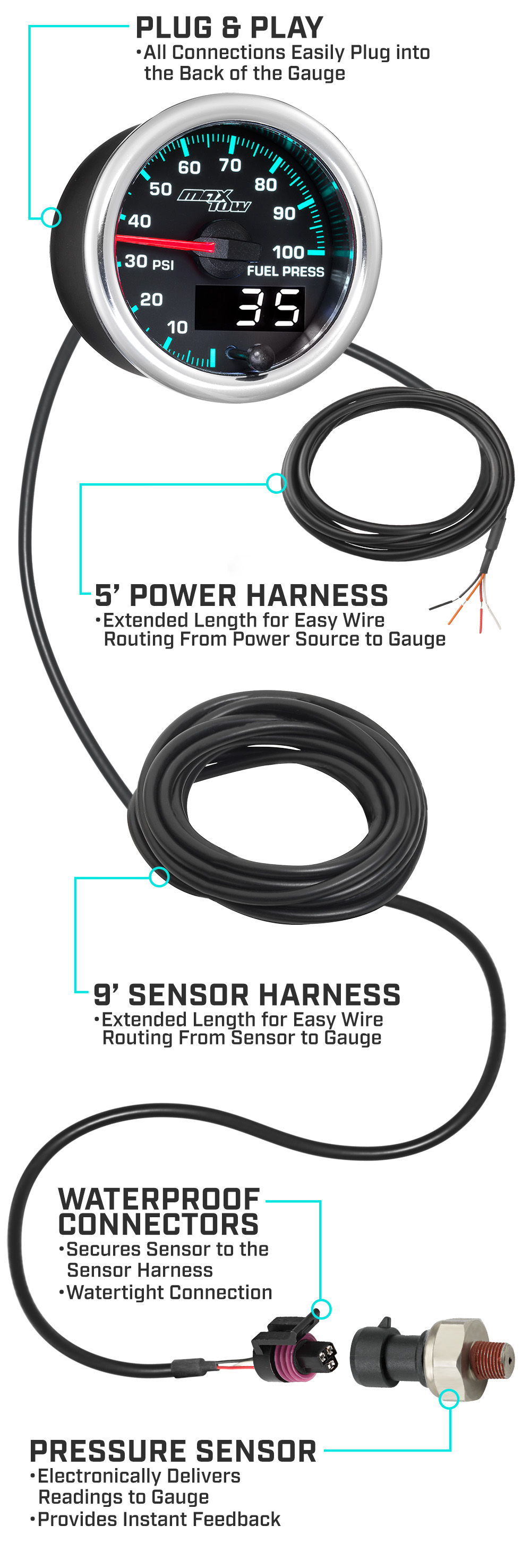 MaxTow Match 2014-2020 6.6 Duramax Diesel 100 PSI Fuel Pressure Gauge Parts and Wiring